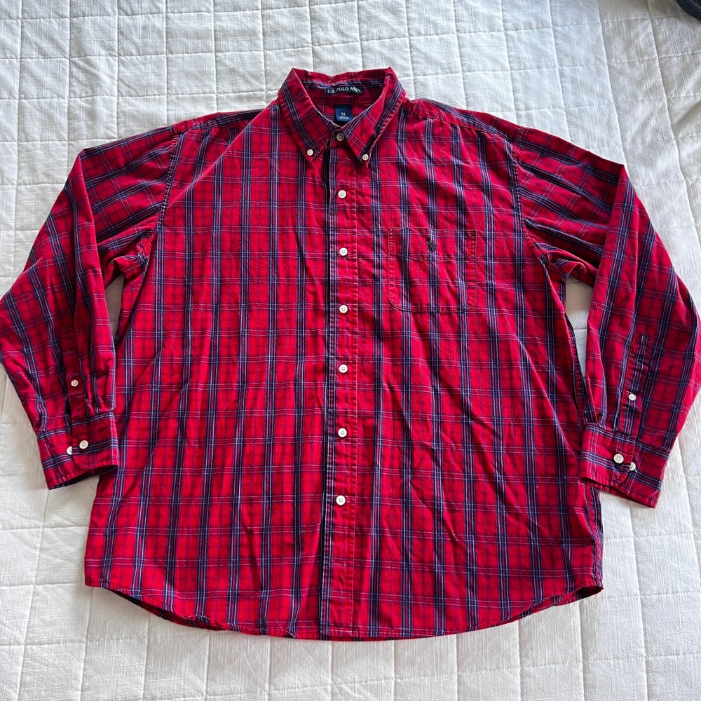 US Polo Assn Mens XL Red Navy Blue Plaid Cotton Long Sleeve Button Down Shirt